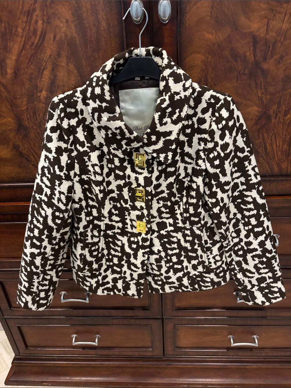 Beth Bowley Brown and Cream Patterned Blazer with Gold Buttons